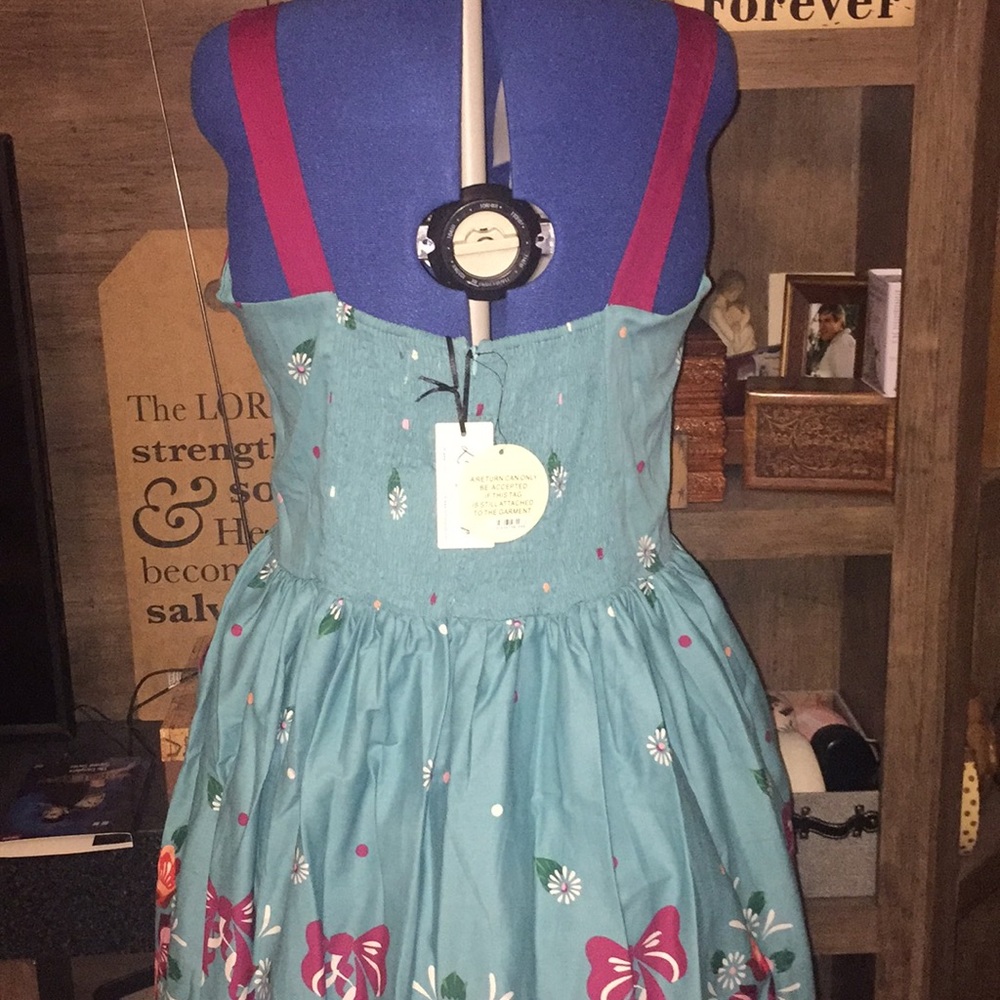 LINDY BOP RARE SASKIA TEAL AND PURPLE FOLK FLOWER DRESS - Picture 4 of 11